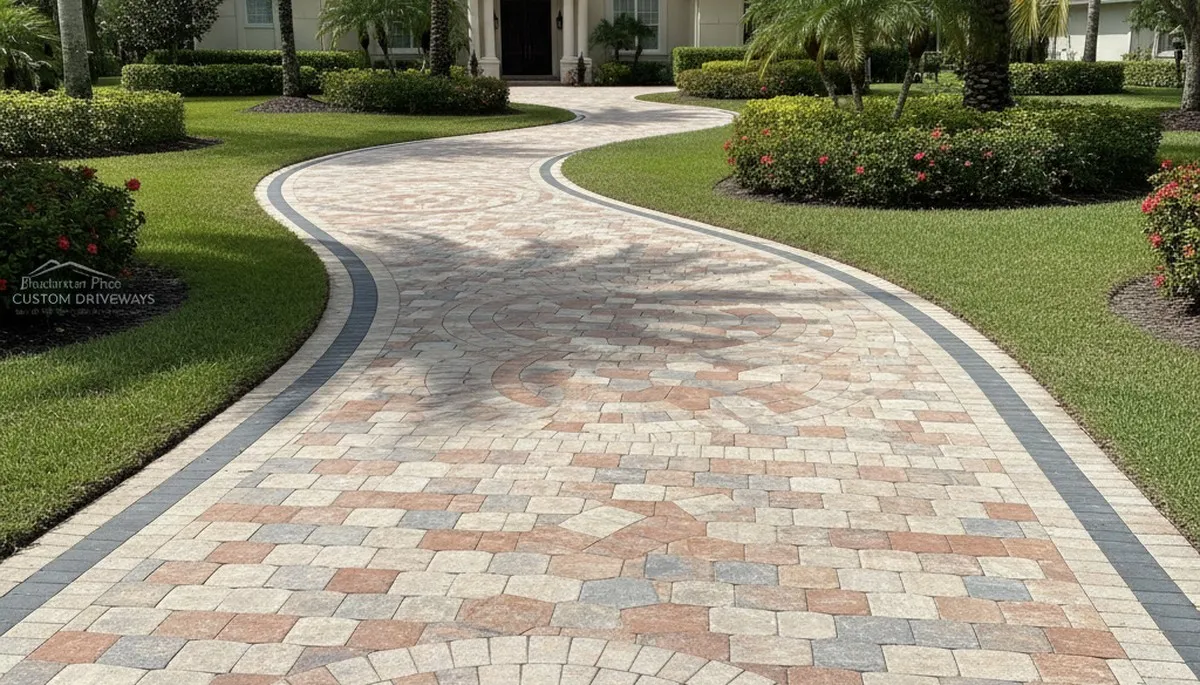 Curved paver driveway design by professional landscapers in Bradenton, FL showcasing expert craftsmanship
