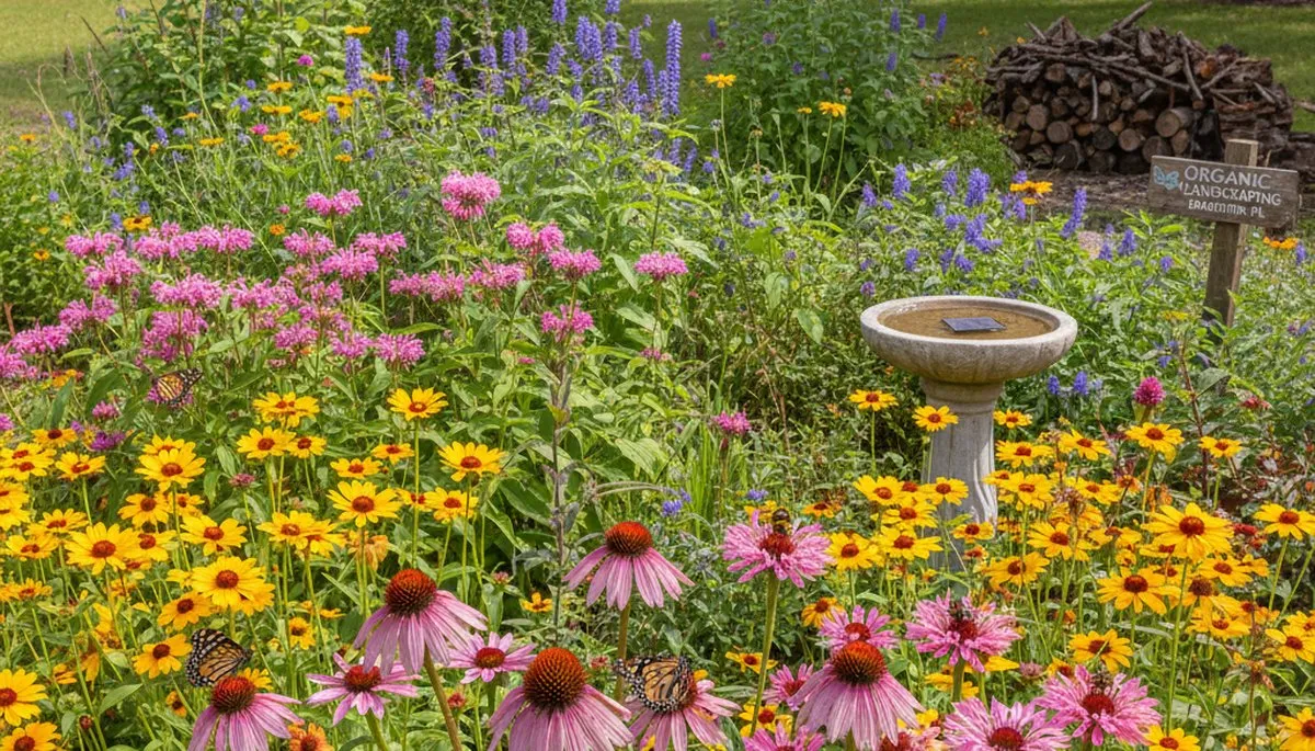 Vibrant native pollinator garden with bee and butterfly plants by organic landscapers in Bradenton, FL