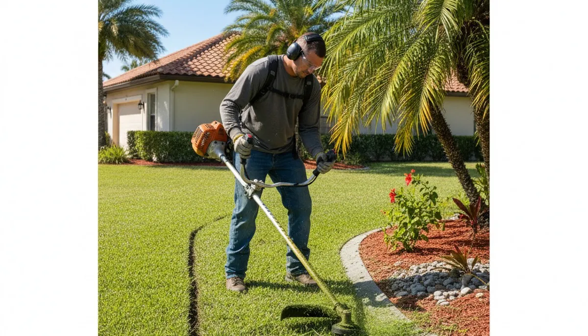 Technician performing precision string trimming and lawn edging on a Bradenton, FL landscape property